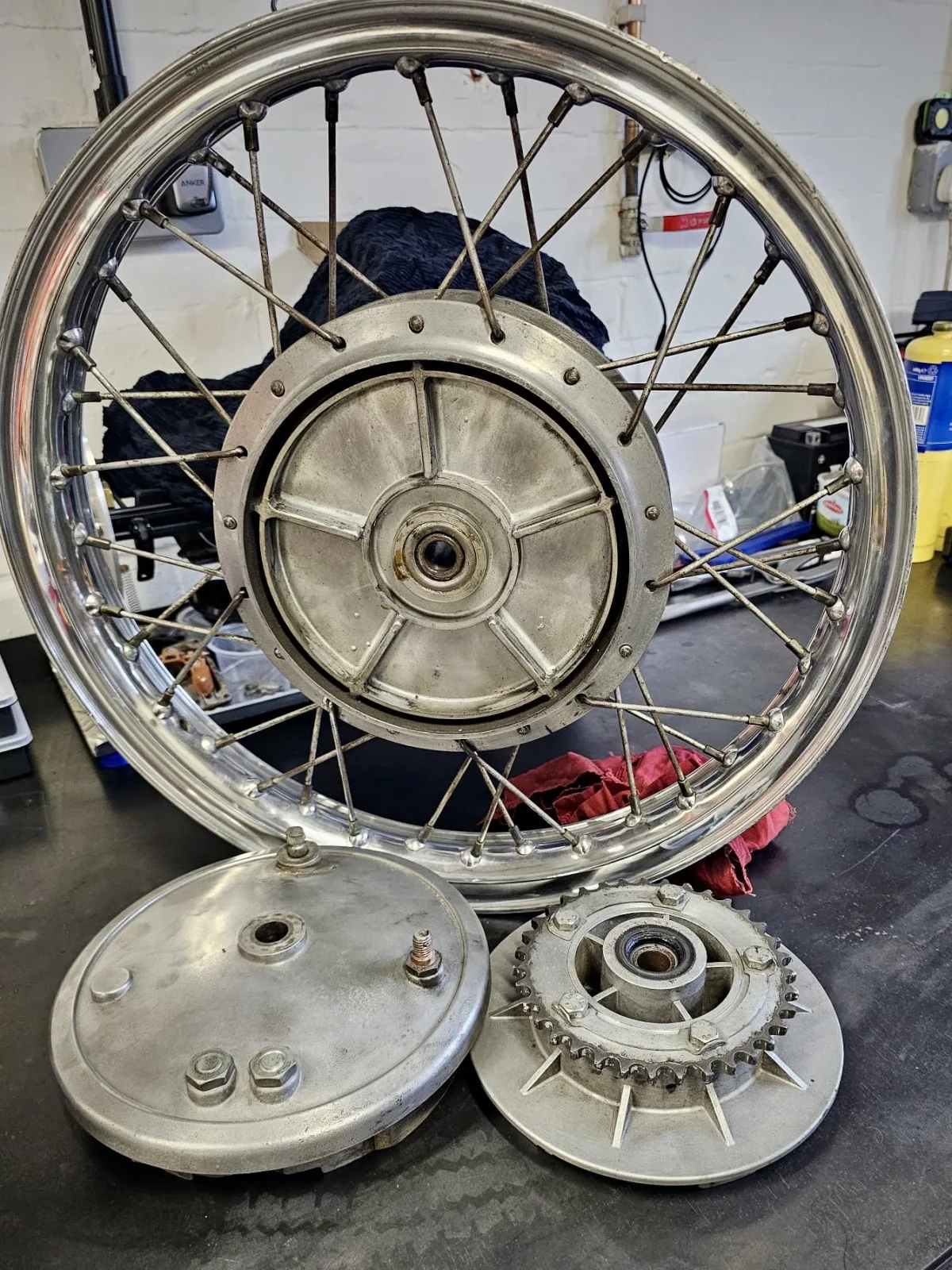 A stripped hub and rim ready to be laced